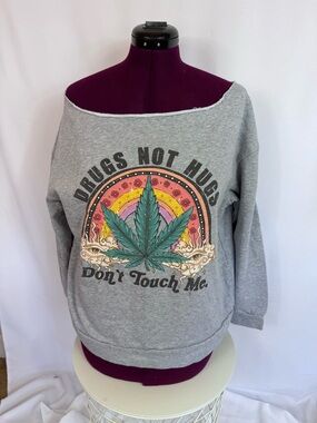 Drugs Not Hugs Off Shoulder Sweatshirt Women 2XL Graphic Slouchy Pullover